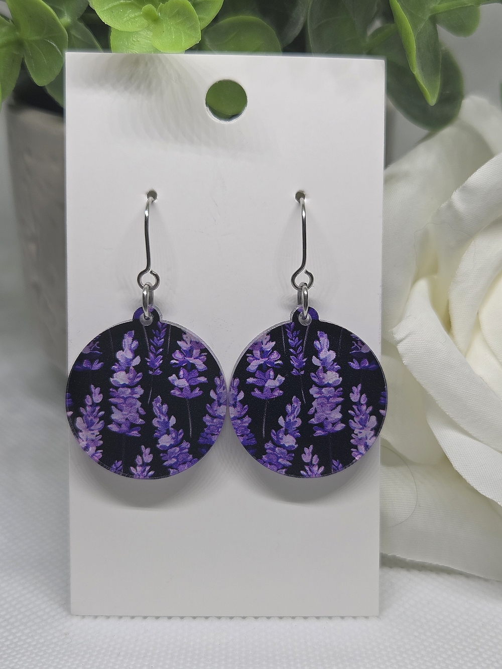 Lavender Floral Round Drop Earrings